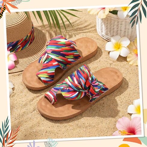 Cuffbow Women's Rainbow Bow Tie Slides Cute Dressy Open Toe Flat Sandals 2026 Summer Vacation Beach Slip On Thong Slides in Kuwait