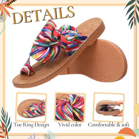 Cuffbow Women's Rainbow Bow Tie Slides Cute Dressy Open Toe Flat Sandals 2026 Summer Vacation Beach Slip On Thong Slides in Kuwait