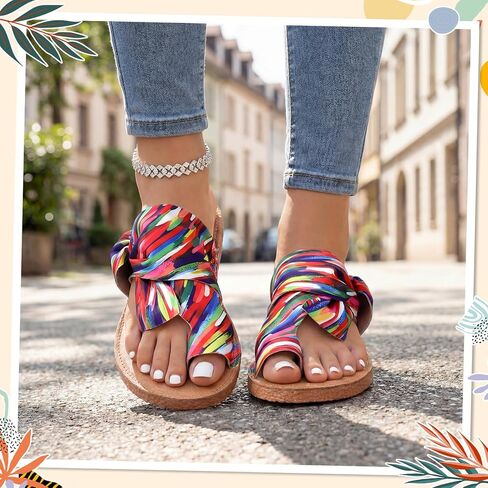 Cuffbow Women's Rainbow Bow Tie Slides Cute Dressy Open Toe Flat Sandals 2026 Summer Vacation Beach Slip On Thong Slides in Kuwait