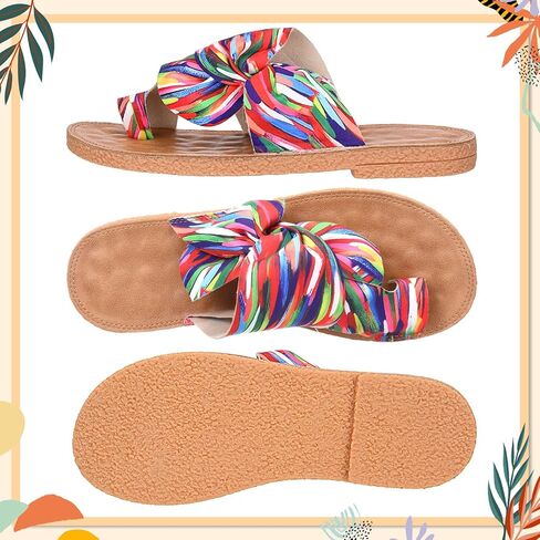 Cuffbow Women's Rainbow Bow Tie Slides Cute Dressy Open Toe Flat Sandals 2026 Summer Vacation Beach Slip On Thong Slides in Kuwait
