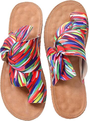 Cuffbow Women's Rainbow Bow Tie Slides Cute Dressy Open Toe Flat Sandals 2026 Summer Vacation Beach Slip On Thong Slides in Kuwait