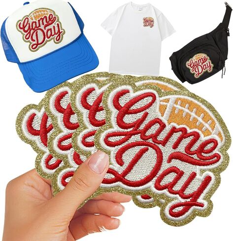 CY 4Pcs Iron On 3D Glitter Embroidered Appliques Game Day Patches Sports Decorative Fashion Cute Accessories for DIY Trucker Hats Clothes Jackets Jeans Backpacks,Black #2 in Saudi Arabia