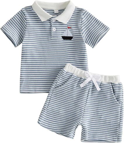 Baby Boy Girls Toddler Summer Outfit Striped T-shirt Ribbed Knit Shorts 2 Piece Sets Toddler Boy Summer Clothes in Saudi Arabia