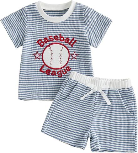 Baby Boy Girls Toddler Summer Outfit Striped T-shirt Ribbed Knit Shorts 2 Piece Sets Toddler Boy Summer Clothes in Saudi Arabia