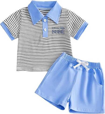 Baby Boy Girls Toddler Summer Outfit Striped T-shirt Ribbed Knit Shorts 2 Piece Sets Toddler Boy Summer Clothes in Saudi Arabia