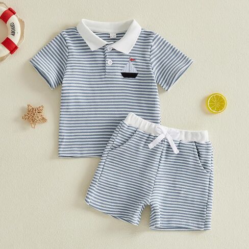 Baby Boy Girls Toddler Summer Outfit Striped T-shirt Ribbed Knit Shorts 2 Piece Sets Toddler Boy Summer Clothes in Saudi Arabia