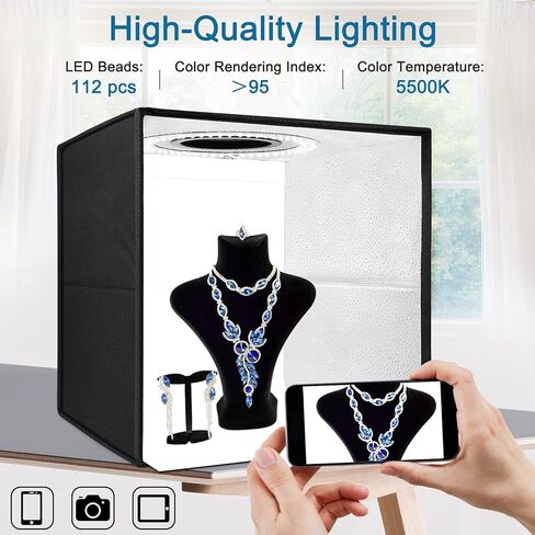 صندوق إضاءة استوديو الصور DUCLUS، صندوق كشك صور احترافي مقاس 12 × 12 بوصة مع 6 خلفيات صور، 112 مصباح LED قابل للتعتيم وCRI>95 صندوق إضاءة لتصوير المنتجات الصغيرة: المجوهرات والنماذج المصغرة وما إلى ذلك. in Kuwait