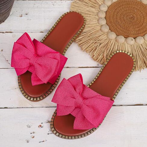 Women's Bow Knot Slides Open Toe Flat Sandals Summer Slip On Slippers Beach Sandals in Kuwait