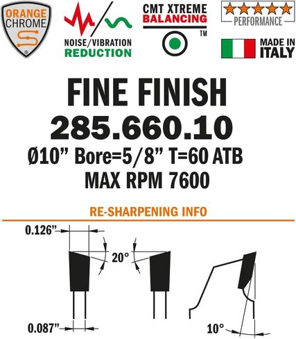CMT Orange Chrome Heavy-Duty CROSSCUTTING Blade 10" x T60 ATB,D 10 254mm | T 60 | B 5/8 | K .126 | P .087 in Saudi Arabia