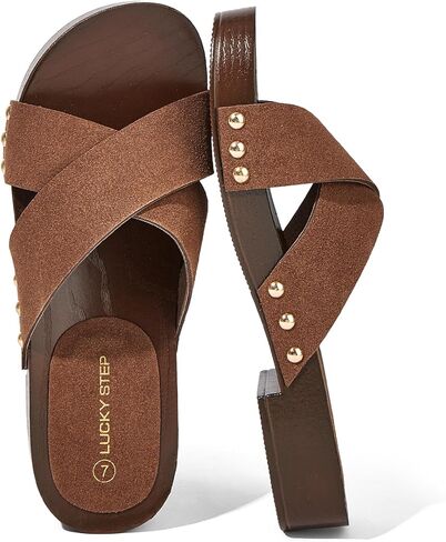 LUCKY STEP Women's Slide Sandals - Wooden Slip On Summer Sandal - Studded Open Toe Casual Retro Slippers in Saudi Arabia