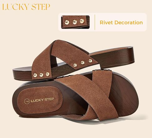LUCKY STEP Women's Slide Sandals - Wooden Slip On Summer Sandal - Studded Open Toe Casual Retro Slippers in Saudi Arabia