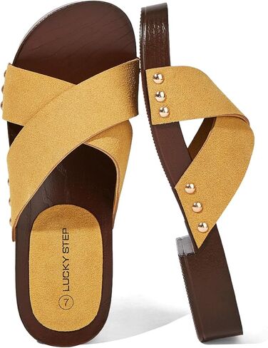 LUCKY STEP Women's Slide Sandals - Wooden Slip On Summer Sandal - Studded Open Toe Casual Retro Slippers in Saudi Arabia