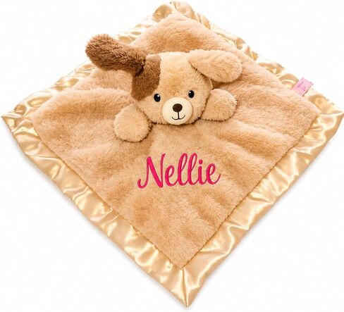 SONA G DESIGNS بطانية أمان مخصصة باسم Puppy Dog Lovie، بيج قطيفة مع زخرفة من الساتان، 14x14 بوصة، مساعد نوم الطفل، 0-36 شهرًا in Kuwait