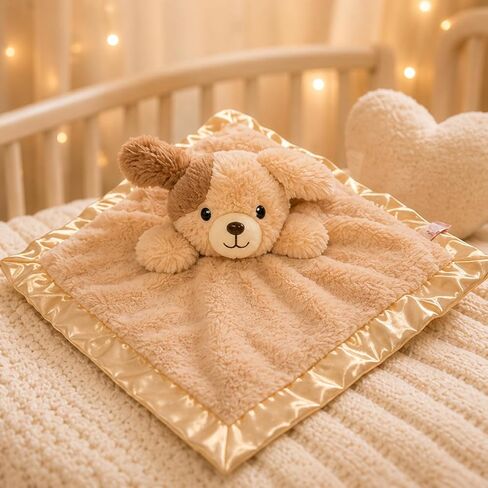SONA G DESIGNS بطانية أمان مخصصة باسم Puppy Dog Lovie، بيج قطيفة مع زخرفة من الساتان، 14x14 بوصة، مساعد نوم الطفل، 0-36 شهرًا in Kuwait