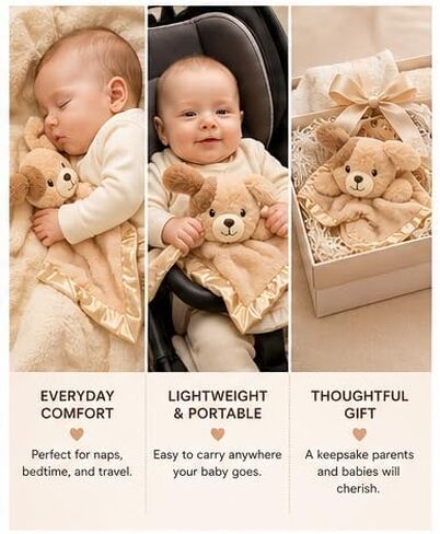 SONA G DESIGNS بطانية أمان مخصصة باسم Puppy Dog Lovie، بيج قطيفة مع زخرفة من الساتان، 14x14 بوصة، مساعد نوم الطفل، 0-36 شهرًا in Kuwait