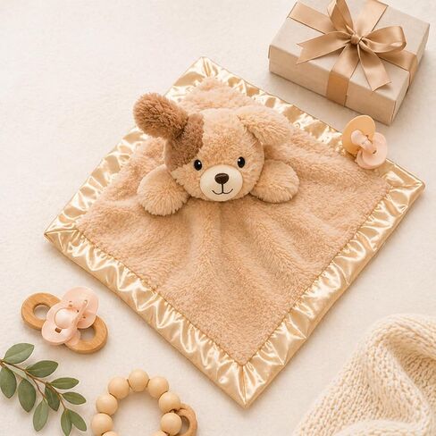 SONA G DESIGNS بطانية أمان مخصصة باسم Puppy Dog Lovie، بيج قطيفة مع زخرفة من الساتان، 14x14 بوصة، مساعد نوم الطفل، 0-36 شهرًا in Kuwait