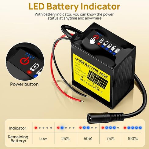 بطارية ليثيوم 12 فولت 6 أمبير في الساعة مع مؤشر بطارية LED، بطارية قابلة لإعادة الشحن 12 فولت مع شاحن 12.6 فولت 1 أمبير، أسلاك مكشوفة وموصل كابل للمشاريع التي تصنعها بنفسك، صندوق البوم، شريط إضاءة LED والمزيد in Kuwait