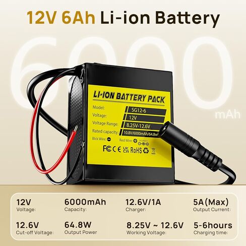بطارية ليثيوم 12 فولت 6 أمبير في الساعة مع مؤشر بطارية LED، بطارية قابلة لإعادة الشحن 12 فولت مع شاحن 12.6 فولت 1 أمبير، أسلاك مكشوفة وموصل كابل للمشاريع التي تصنعها بنفسك، صندوق البوم، شريط إضاءة LED والمزيد in Kuwait