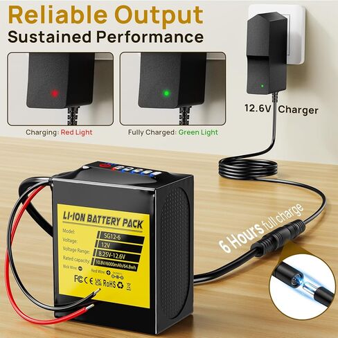 بطارية ليثيوم 12 فولت 6 أمبير في الساعة مع مؤشر بطارية LED، بطارية قابلة لإعادة الشحن 12 فولت مع شاحن 12.6 فولت 1 أمبير، أسلاك مكشوفة وموصل كابل للمشاريع التي تصنعها بنفسك، صندوق البوم، شريط إضاءة LED والمزيد in Kuwait