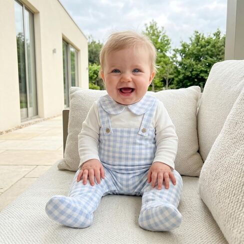 Baby Girl Boy Gingham Footies Romper Lapel Long Sleeve Jumpsuit Cute Gender Neutral Newborn Coming Home Outfit 0-6M in Saudi Arabia