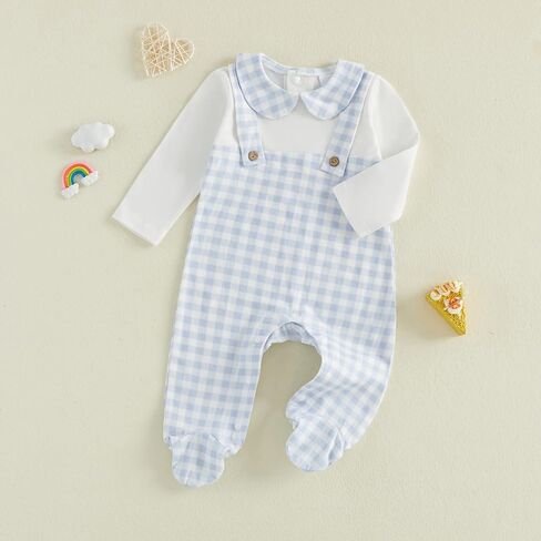 Baby Girl Boy Gingham Footies Romper Lapel Long Sleeve Jumpsuit Cute Gender Neutral Newborn Coming Home Outfit 0-6M in Saudi Arabia