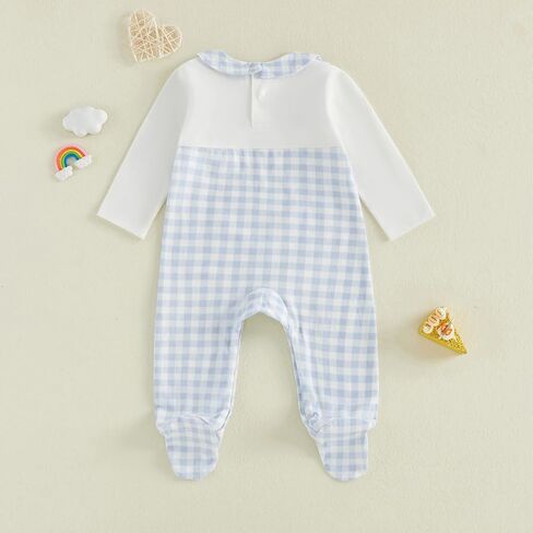 Baby Girl Boy Gingham Footies Romper Lapel Long Sleeve Jumpsuit Cute Gender Neutral Newborn Coming Home Outfit 0-6M in Saudi Arabia