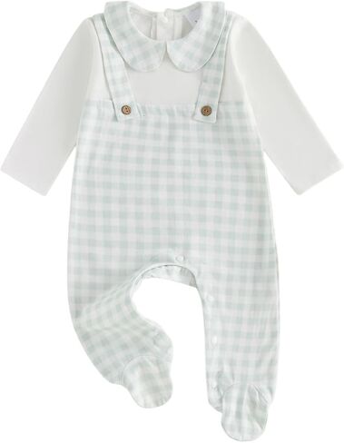 Baby Girl Boy Gingham Footies Romper Lapel Long Sleeve Jumpsuit Cute Gender Neutral Newborn Coming Home Outfit 0-6M in Saudi Arabia