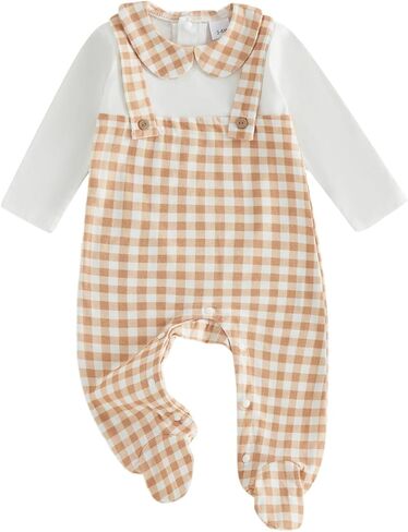 Baby Girl Boy Gingham Footies Romper Lapel Long Sleeve Jumpsuit Cute Gender Neutral Newborn Coming Home Outfit 0-6M in Saudi Arabia