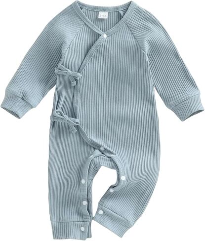 Newborn Baby Boy Girl Solid Color Long Sleeve Ribbed Romper Lace Up Jumpsuit Spring Fall Winter One Piece Clothes in Kuwait
