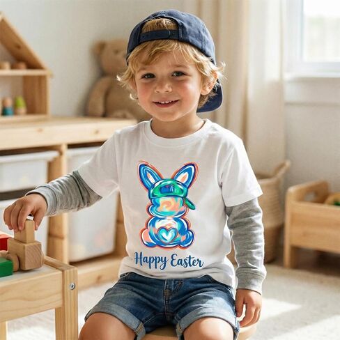 Easter Shirts for Toddler Boys Brushstroke Bunny Graphic T-Shirt Baby Happy Easter Tees Outfits Short Sleeve Tops in Kuwait
