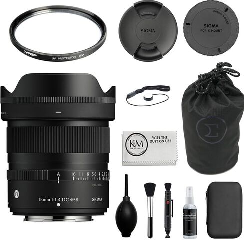 عدسة سيجما 15 مم f/1.4 DC معاصرة متوافقة مع حزمة FUJIFILM X Mount (APS-C) مع فلتر للأشعة فوق البنفسجية مقاس 58 مم + حافظة غطاء العدسة + مجموعة تنظيف (5 قطع) in Kuwait