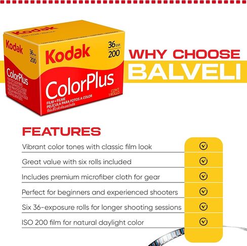 Kodak Colorplus 200 35mm Film Bundle, 2 Rolls 36 Exposures Each, for 35mm Camera Includes Balveli Premium Microfiber Cloth - Kodak Film 2 Roll Bundle in Kuwait