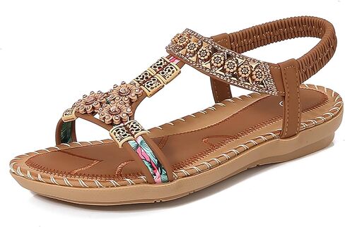 Bohemian Flat Sandals for Women Flower Rhinestone T-Strap Summer Sandals Open Toe Elastic Slingback Walking Comfort Shoes in Saudi Arabia