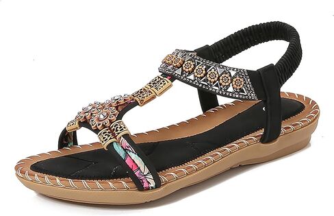 Bohemian Flat Sandals for Women Flower Rhinestone T-Strap Summer Sandals Open Toe Elastic Slingback Walking Comfort Shoes in Saudi Arabia