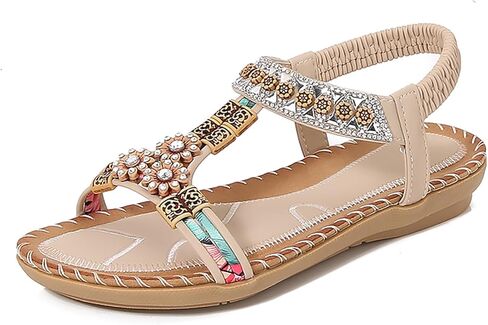Bohemian Flat Sandals for Women Flower Rhinestone T-Strap Summer Sandals Open Toe Elastic Slingback Walking Comfort Shoes in Saudi Arabia