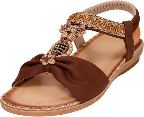 Bohemian Flower Rhinestone Sandals Flat Comfortable Beach Fashion Casual Summer Sandals with Bow Ankle Strap in Saudi Arabia