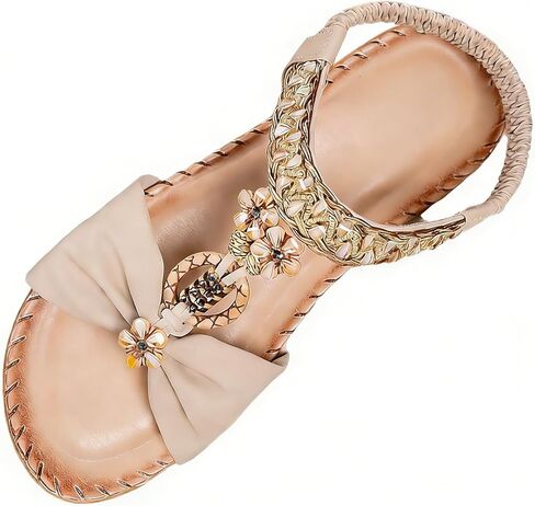 Bohemian Flower Rhinestone Sandals Flat Comfortable Beach Fashion Casual Summer Sandals with Bow Ankle Strap in Saudi Arabia