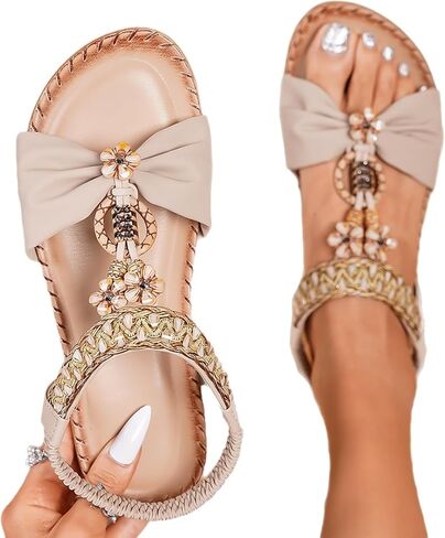 Bohemian Flower Rhinestone Sandals Flat Comfortable Beach Fashion Casual Summer Sandals with Bow Ankle Strap in Saudi Arabia