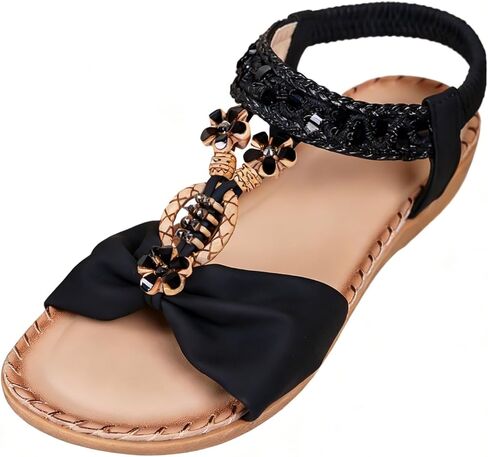 Bohemian Flower Rhinestone Sandals Flat Comfortable Beach Fashion Casual Summer Sandals with Bow Ankle Strap in Saudi Arabia