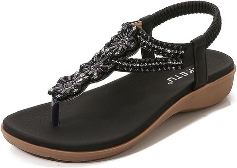 Women's Bohemian Rhinestone T-strap Flat Sandals Summer Comfortable Flipflops Embellished Beach Thong Sandal in Kuwait