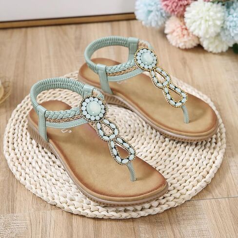 Women's Bohemian Rhinestone T-strap Flat Sandals Summer Comfortable Flipflops Embellished Beach Thong Sandal in Saudi Arabia