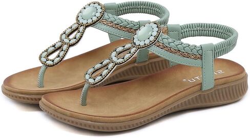 Women's Bohemian Rhinestone T-strap Flat Sandals Summer Comfortable Flipflops Embellished Beach Thong Sandal in Saudi Arabia