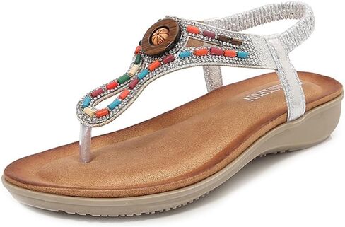 Women's Bohemian Rhinestone T-strap Flat Sandals Summer Comfortable Flipflops Embellished Beach Thong Sandal in Saudi Arabia