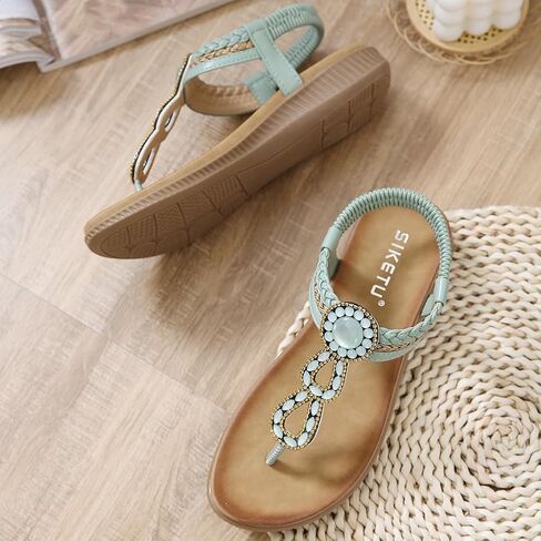 Women's Bohemian Rhinestone T-strap Flat Sandals Summer Comfortable Flipflops Embellished Beach Thong Sandal in Saudi Arabia