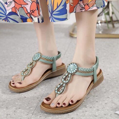 Women's Bohemian Rhinestone T-strap Flat Sandals Summer Comfortable Flipflops Embellished Beach Thong Sandal in Saudi Arabia