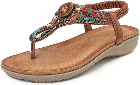 Women's Bohemian Rhinestone T-strap Flat Sandals Summer Comfortable Flipflops Embellished Beach Thong Sandal in Saudi Arabia