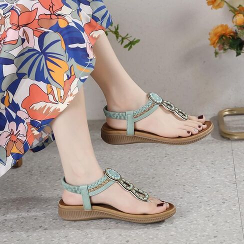 Women's Bohemian Rhinestone T-strap Flat Sandals Summer Comfortable Flipflops Embellished Beach Thong Sandal in Saudi Arabia