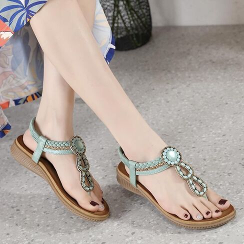 Women's Bohemian Rhinestone T-strap Flat Sandals Summer Comfortable Flipflops Embellished Beach Thong Sandal in Saudi Arabia