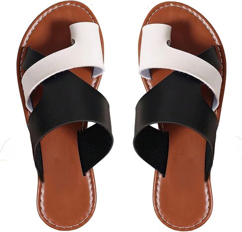 GORGLITTER Women's Leather Toe Ring Sandals Dressy Cute Summer Slip on Slides Wide Width Beach Vacation Flats Sandals in Kuwait