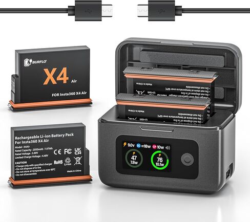 Burflo 2-Pack 2050mAh بطاريات بديلة لـ Insta360 X4 Air مع حقيبة شحن سريعة مزدوجة 20 وات، شاشة LCD تعرض البطارية SOC in Kuwait